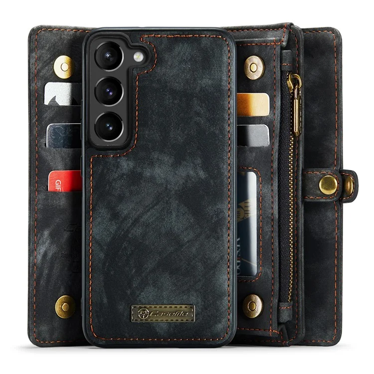 CASEME 008 Serie für Samsung Galaxy S23+ Multifunktionale PU-Leder-Hands-free-Stand-Flip-Cover Abnehmbare magnetische Reißverschluss-Geldbörse - Schwarz