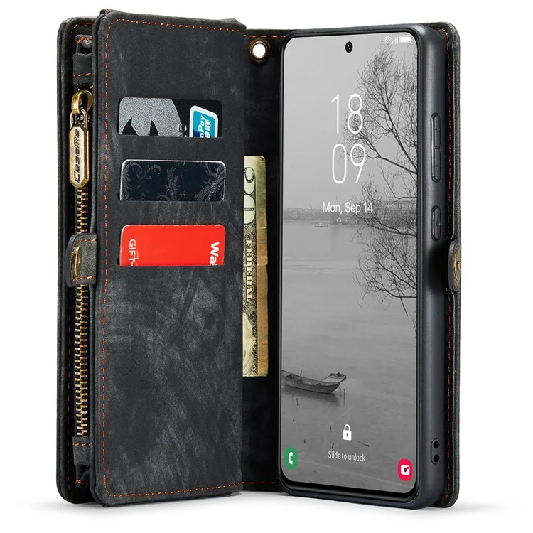 CASEME 008 Serie für Samsung Galaxy S23+ Multifunktionale PU-Leder-Hands-free-Stand-Flip-Cover Abnehmbare magnetische Reißverschluss-Geldbörse - Schwarz