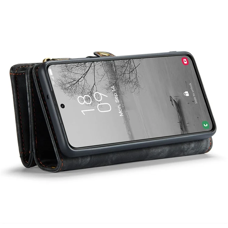CASEME 008 Serie für Samsung Galaxy S23+ Multifunktionale PU-Leder-Hands-free-Stand-Flip-Cover Abnehmbare magnetische Reißverschluss-Geldbörse - Schwarz