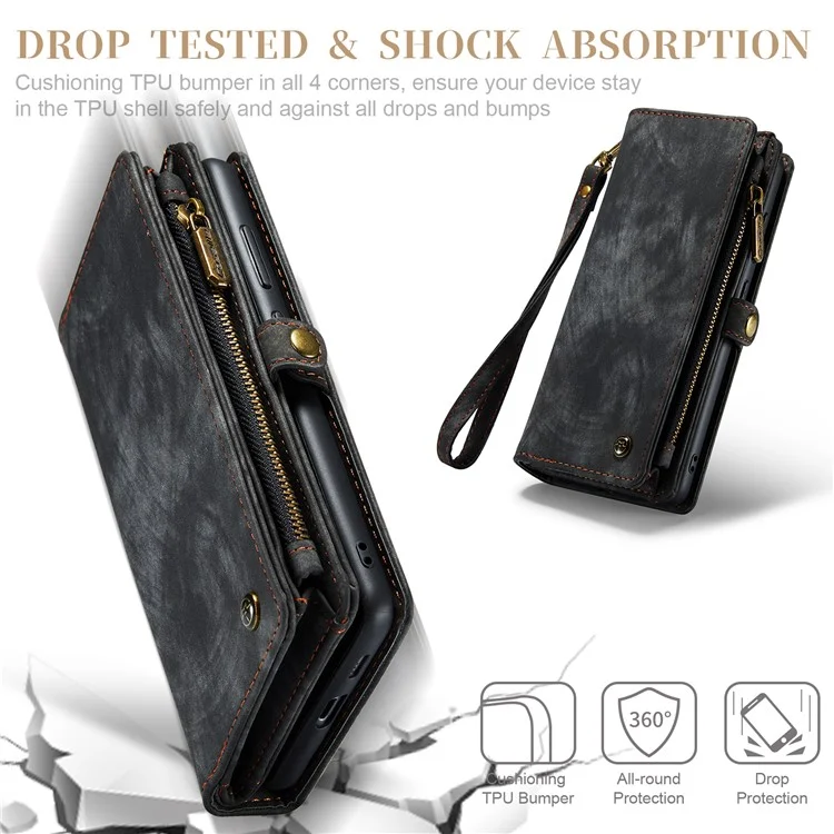 CASEME 008 Serie für Samsung Galaxy S23+ Multifunktionale PU-Leder-Hands-free-Stand-Flip-Cover Abnehmbare magnetische Reißverschluss-Geldbörse - Schwarz