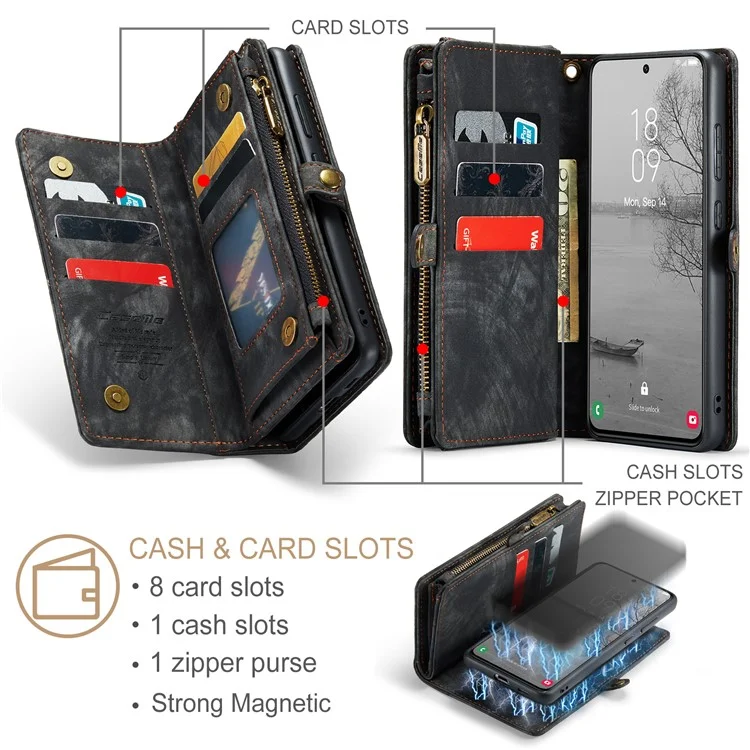 CASEME 008 Serie für Samsung Galaxy S23+ Multifunktionale PU-Leder-Hands-free-Stand-Flip-Cover Abnehmbare magnetische Reißverschluss-Geldbörse - Schwarz