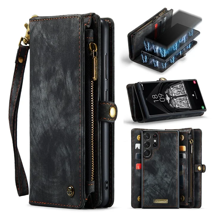 CASEME 008 Serie für Samsung Galaxy S23 Ultra Multi-Funktions-PU-Leder-Einstellbarer Ständer Flip-Cover Abnehmbare magnetische Reißverschlusstasche - Schwarz