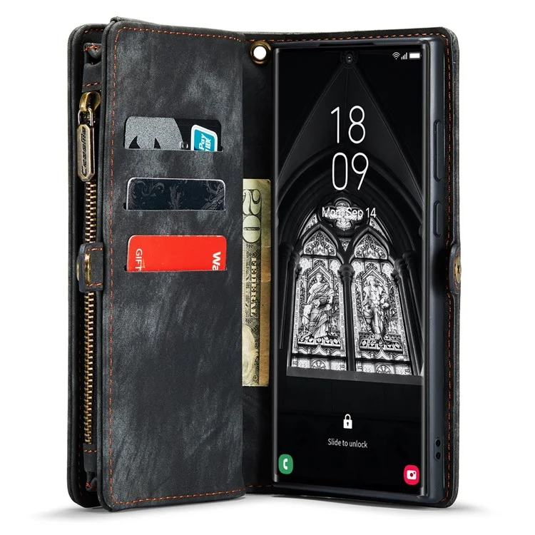 CASEME 008 Series for Samsung Galaxy S23 Ultra Multi-Functional PU Leather Adjustable Stand Flip Cover Detachable Magnetic Zipper Wallet Case - Black