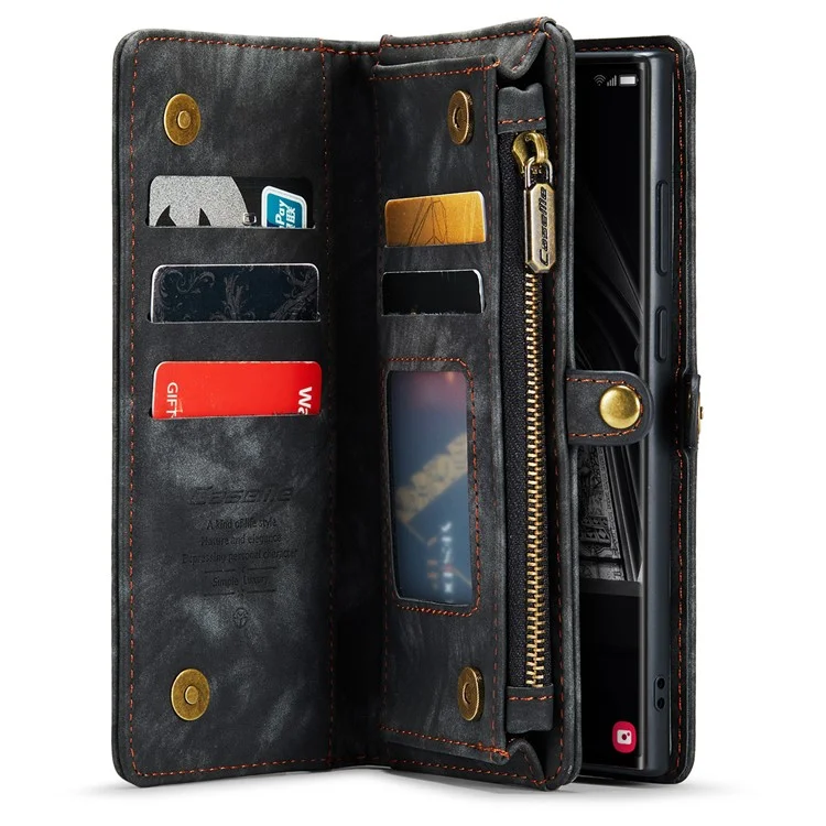 CASEME 008 Series for Samsung Galaxy S23 Ultra Multi-Functional PU Leather Adjustable Stand Flip Cover Detachable Magnetic Zipper Wallet Case - Black