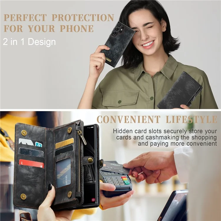 CASEME 008 Serie für Samsung Galaxy S23 Ultra Multi-Funktions-PU-Leder-Einstellbarer Ständer Flip-Cover Abnehmbare magnetische Reißverschlusstasche - Schwarz