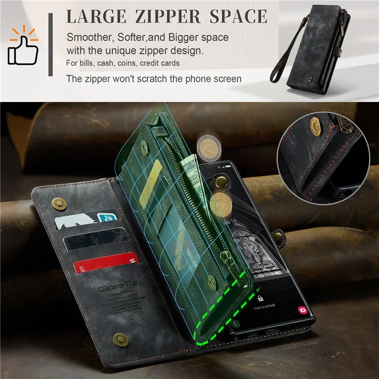 CASEME 008 Serie für Samsung Galaxy S23 Ultra Multi-Funktions-PU-Leder-Einstellbarer Ständer Flip-Cover Abnehmbare magnetische Reißverschlusstasche - Schwarz