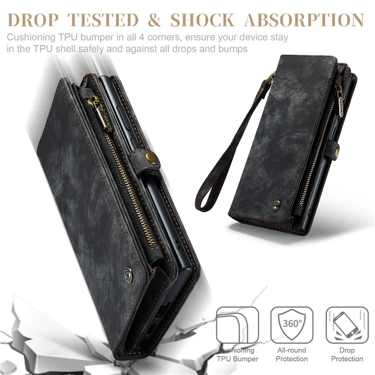 CASEME 008 Serie für Samsung Galaxy S23 Ultra Multi-Funktions-PU-Leder-Einstellbarer Ständer Flip-Cover Abnehmbare magnetische Reißverschlusstasche - Schwarz