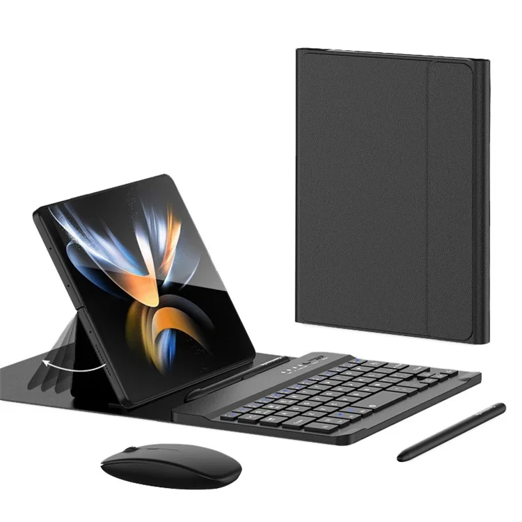 GKK For Folding Phone PU Leather Stand Protective Case Detachable Wireless Bluetooth-compatible Keyboard with Stylus Pen and Mouse - Black