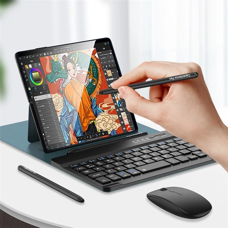 GKK For Folding Phone PU Leather Stand Protective Case Detachable Wireless Bluetooth-compatible Keyboard with Stylus Pen and Mouse - Black