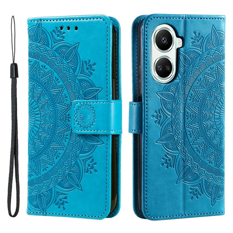 Für Huawei nova 10 SE 4G stoßfeste geprägte Mandala-Blumen-Handyhülle, sturzsichere Wallet-Standabdeckung mit Riemen - Blau