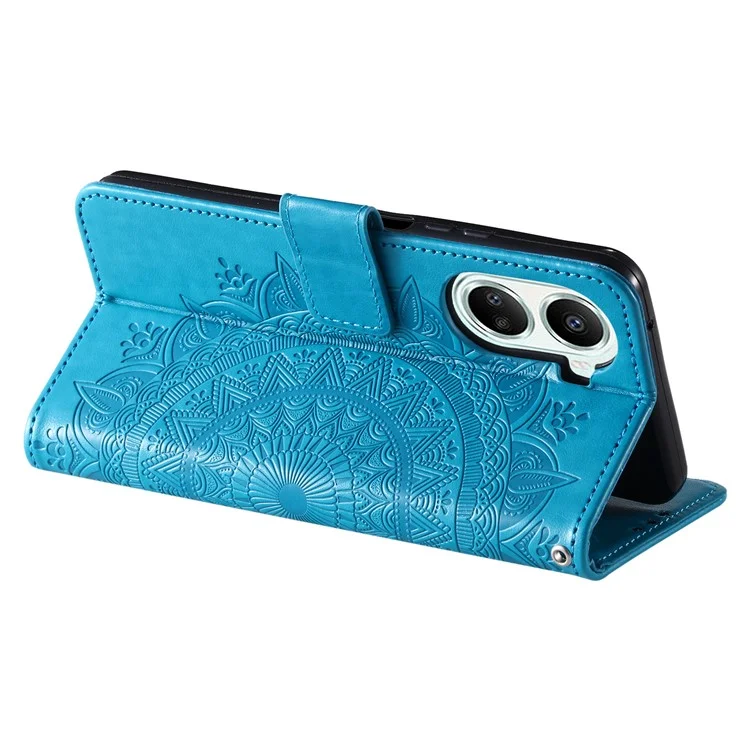 Für Huawei nova 10 SE 4G stoßfeste geprägte Mandala-Blumen-Handyhülle, sturzsichere Wallet-Standabdeckung mit Riemen - Blau