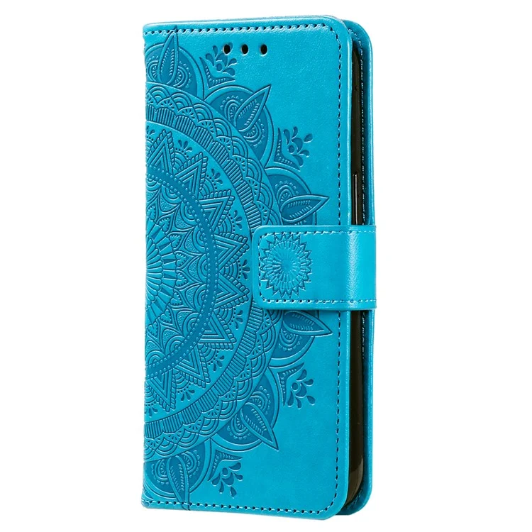 Für Huawei nova 10 SE 4G stoßfeste geprägte Mandala-Blumen-Handyhülle, sturzsichere Wallet-Standabdeckung mit Riemen - Blau