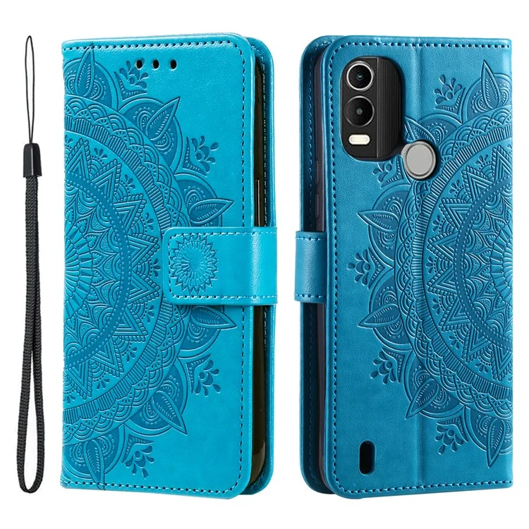 Pour Nokia C21 Plus 4G Anti-fading Phone Case Magnetic Closure Wallet Stand Imprinted Mandala Flower Cover with Strap - Bleu