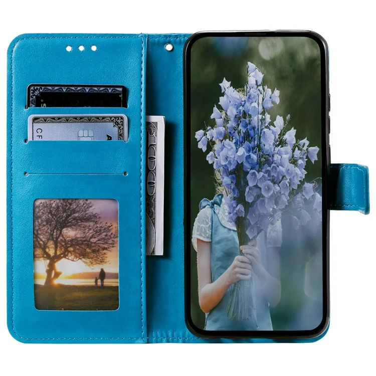 Pour Nokia C21 Plus 4G Anti-fading Phone Case Magnetic Closure Wallet Stand Imprinted Mandala Flower Cover with Strap - Bleu
