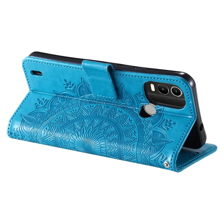 Pour Nokia C21 Plus 4G Anti-fading Phone Case Magnetic Closure Wallet Stand Imprinted Mandala Flower Cover with Strap - Bleu