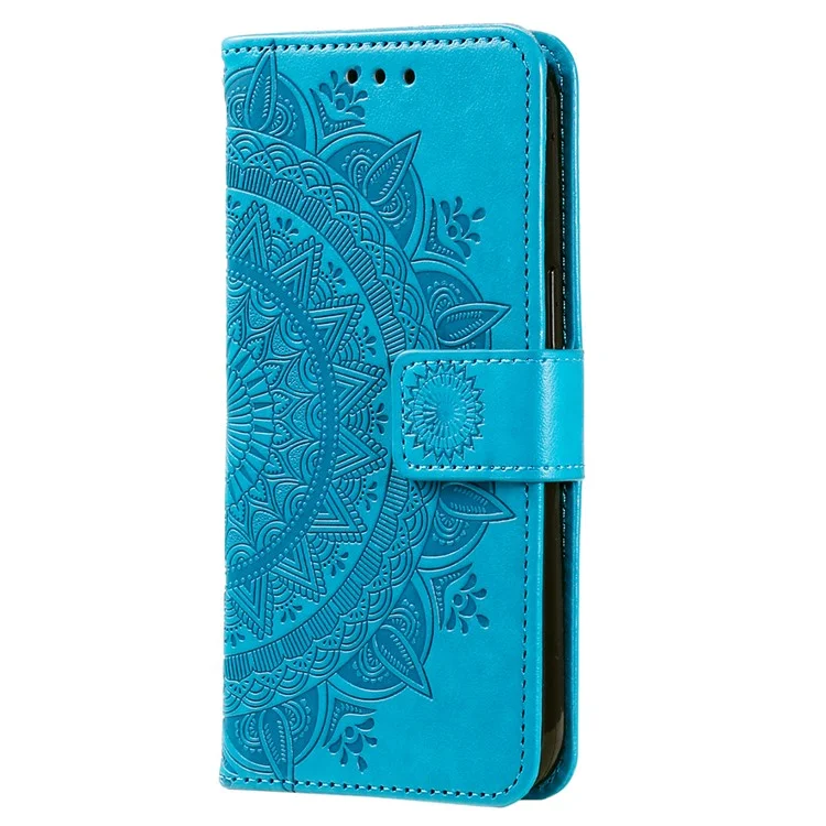 Pour Nokia C21 Plus 4G Anti-fading Phone Case Magnetic Closure Wallet Stand Imprinted Mandala Flower Cover with Strap - Bleu