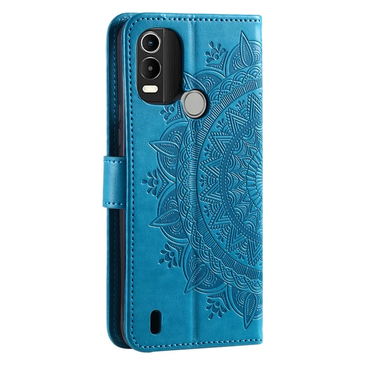 Pour Nokia C21 Plus 4G Anti-fading Phone Case Magnetic Closure Wallet Stand Imprinted Mandala Flower Cover with Strap - Bleu