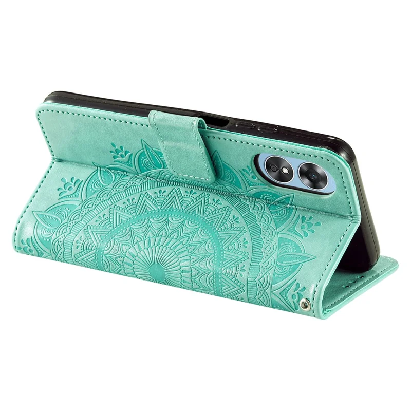 Mobile Phone Case for Oppo A58 5G, Imprinted Mandala Flower Pattern Wallet Stand Phone Cover with Strap - Green