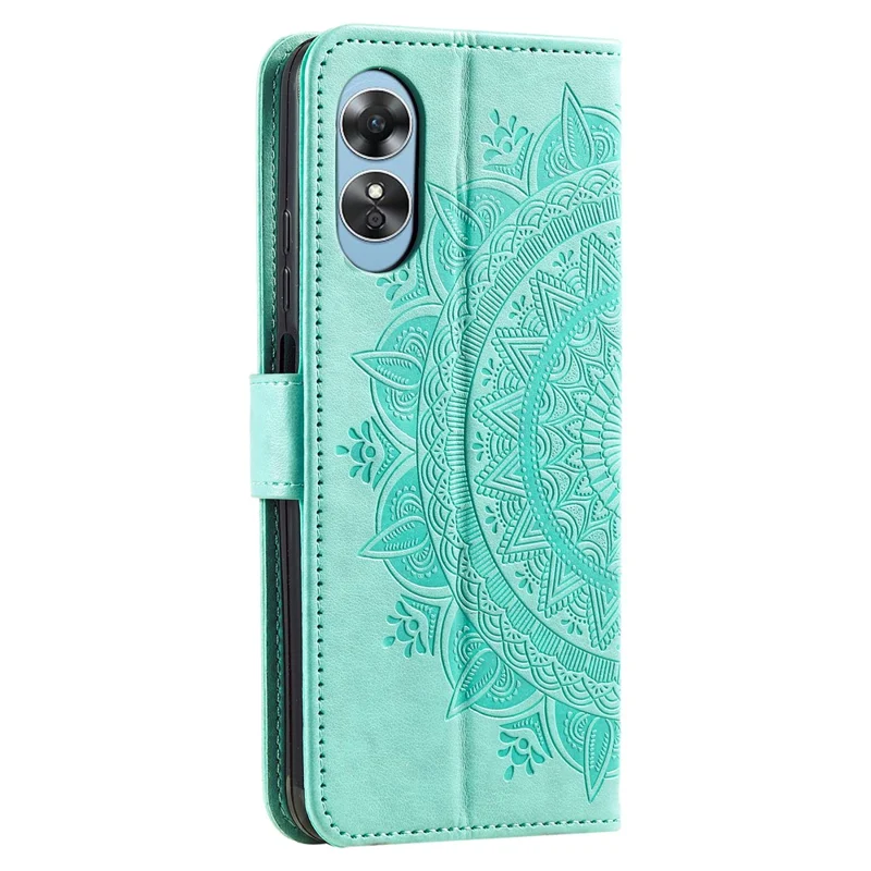 Mobile Phone Case for Oppo A58 5G, Imprinted Mandala Flower Pattern Wallet Stand Phone Cover with Strap - Green