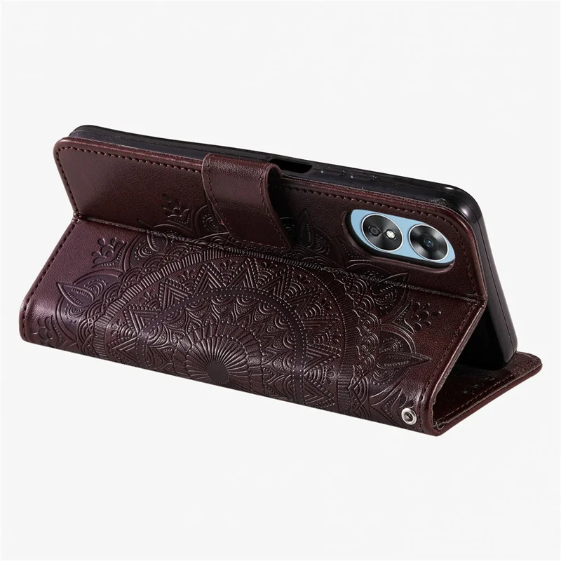 Mobile Phone Case for Oppo A58 5G, Imprinted Mandala Flower Pattern Wallet Stand Phone Cover with Strap - Brown
