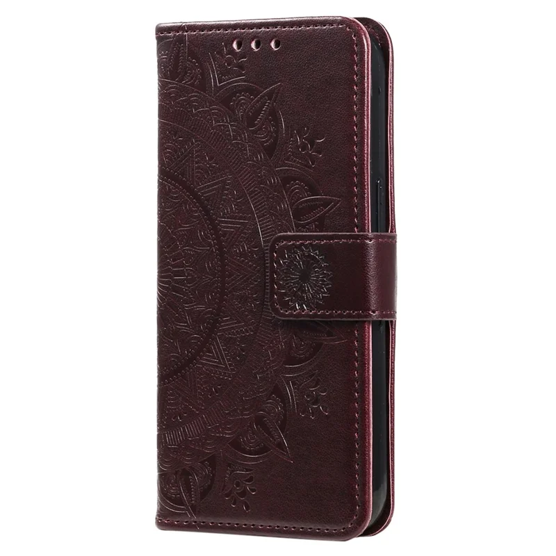 Mobile Phone Case for Oppo A58 5G, Imprinted Mandala Flower Pattern Wallet Stand Phone Cover with Strap - Brown