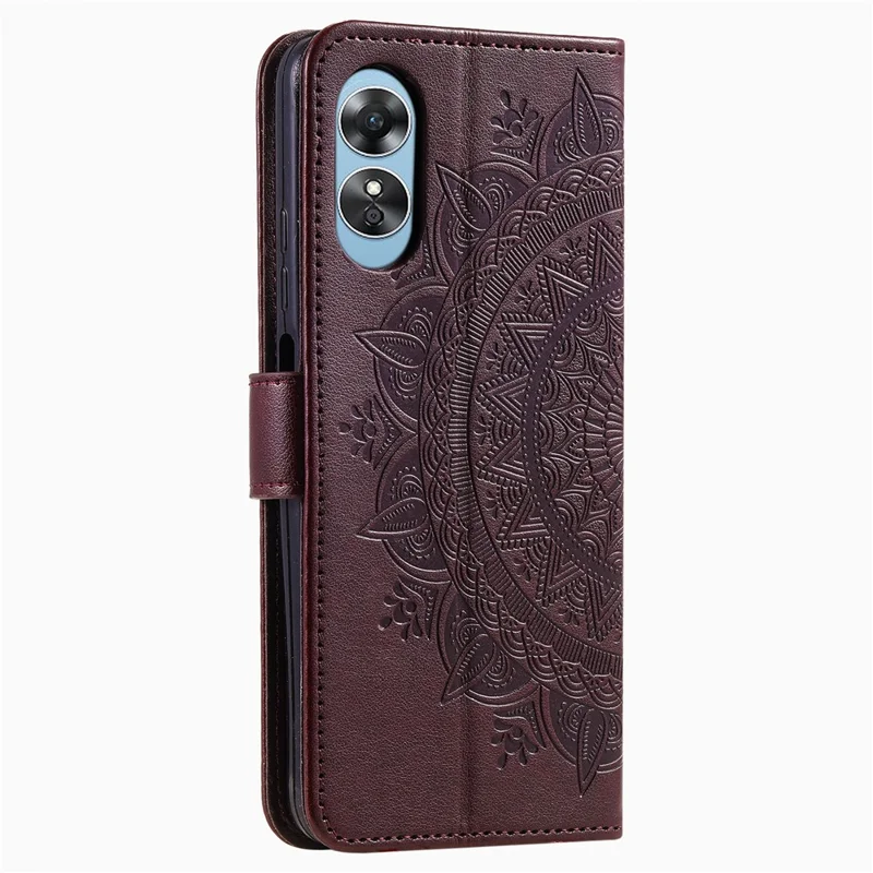 Mobile Phone Case for Oppo A58 5G, Imprinted Mandala Flower Pattern Wallet Stand Phone Cover with Strap - Brown