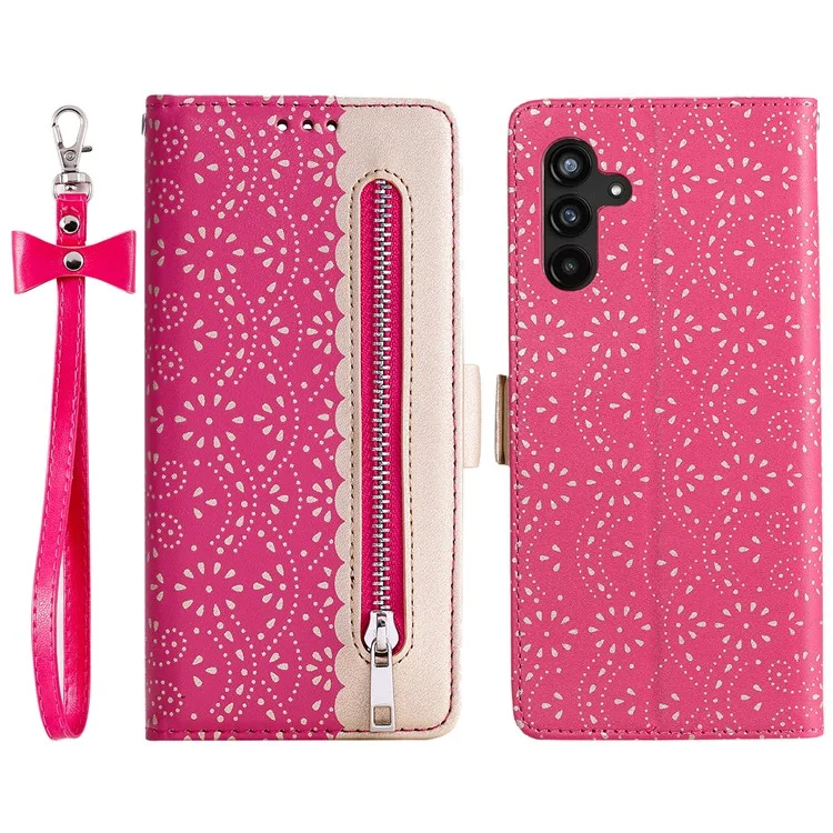 Per Samsung Galaxy A54 5G Zipper Wallet Phone Case Lace Flower Pattern PU Leather Phone Stand Cover with Bowknot Wrist Strap - Rose