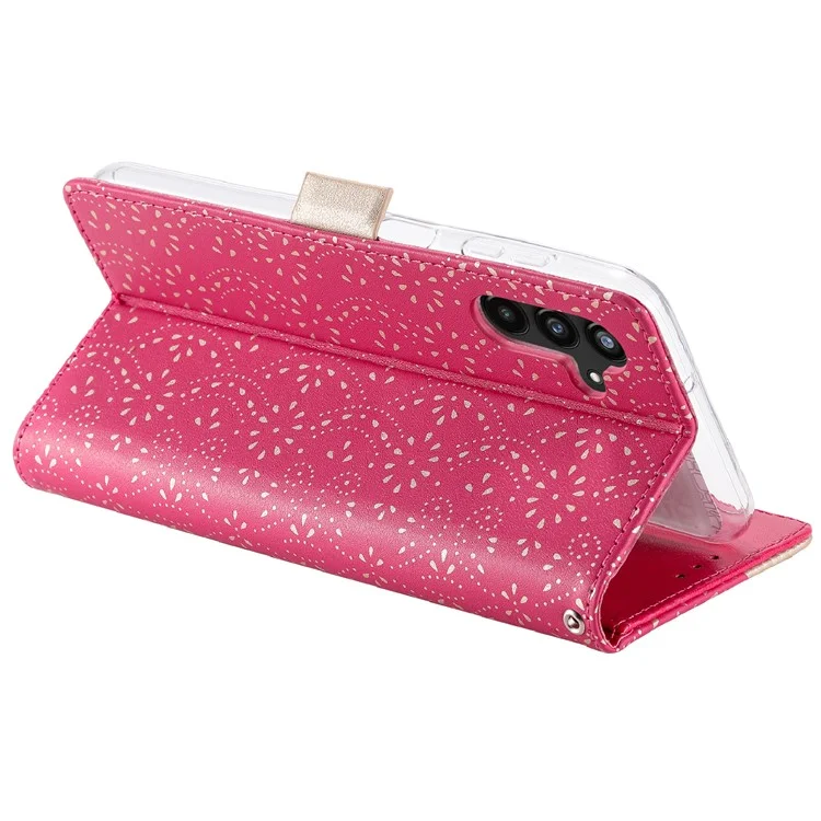 Per Samsung Galaxy A54 5G Zipper Wallet Phone Case Lace Flower Pattern PU Leather Phone Stand Cover with Bowknot Wrist Strap - Rose