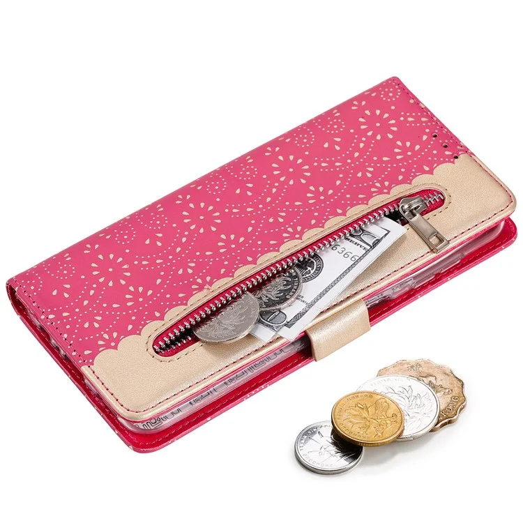 Per Samsung Galaxy A54 5G Zipper Wallet Phone Case Lace Flower Pattern PU Leather Phone Stand Cover with Bowknot Wrist Strap - Rose