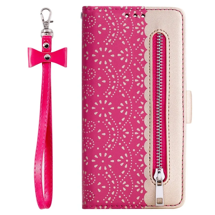 Per Samsung Galaxy A54 5G Zipper Wallet Phone Case Lace Flower Pattern PU Leather Phone Stand Cover with Bowknot Wrist Strap - Rose