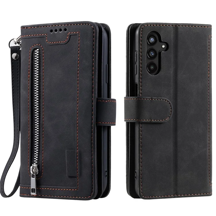 Para Samsung Galaxy A54 5G Zipper Pocket Anti-Scratch Cell Phone Case PU Leather+TPU Phone Shell Phone Cover with 9 Card Slots - Black