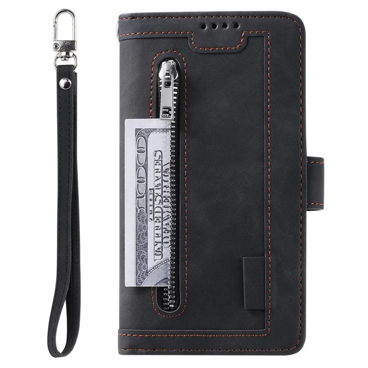 Para Samsung Galaxy A54 5G Zipper Pocket Anti-Scratch Cell Phone Case PU Leather+TPU Phone Shell Phone Cover with 9 Card Slots - Black