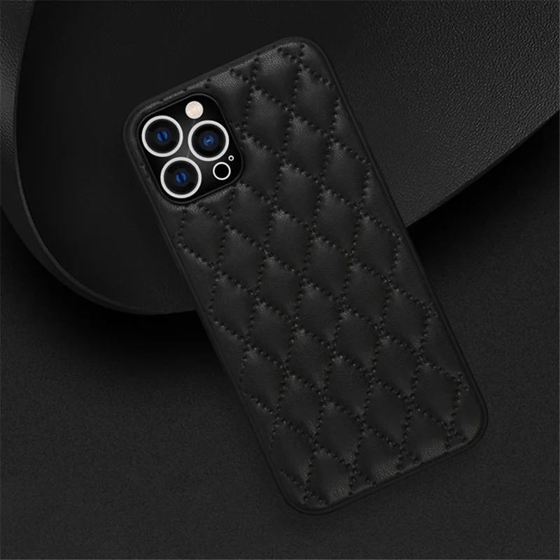 Back Case for iPhone 13 Pro 6.1 inch, Bump Proof Rhombus Texture PU Leather+TPU Anti-scratch Phone Cover Shell - Black