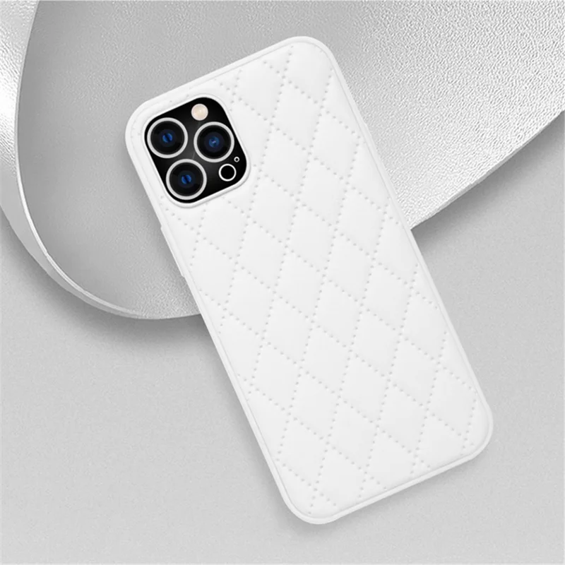 Back Case for iPhone 13 Pro 6.1 inch, Bump Proof Rhombus Texture PU Leather+TPU Anti-scratch Phone Cover Shell - White