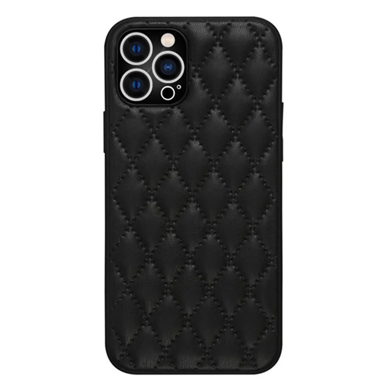 For iPhone 12 Pro 6.1 inch Rhombus Texture PU Leather+TPU Collision Resistant Phone Cover Shell - Black