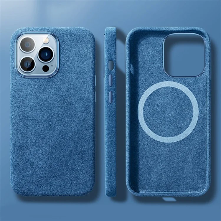 Pour iPhone 12 / 12 Pro 6.1 pouces Coque arrière, Compatible avec MagSafe Résistant aux rayures Revêtement en suède Boîtier de téléphone en PC avec bouton métallique - Bleu