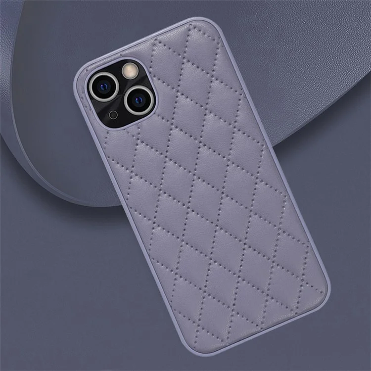 For iPhone 14 Rhombus Texture Design Phone Case PU Leather+TPU Shockproof Non-Slip Grip Protective Cover -  Purple