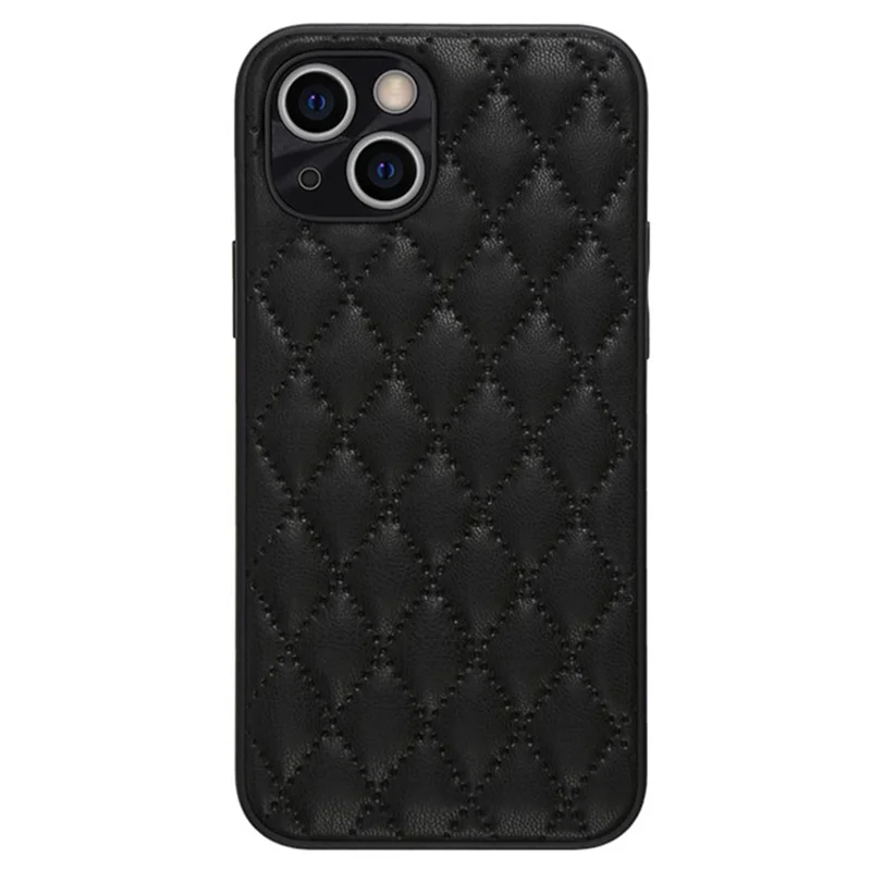 For iPhone 14 Rhombus Texture Design Phone Case PU Leather+TPU Shockproof Non-Slip Grip Protective Cover -  Black