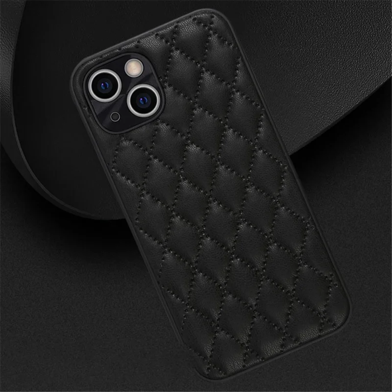 For iPhone 14 Rhombus Texture Design Phone Case PU Leather+TPU Shockproof Non-Slip Grip Protective Cover -  Black