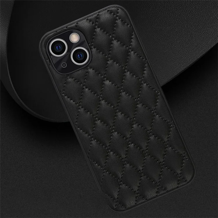 Protective Case for iPhone 13 6.1 inch, Rhombus Texture PU Leather+TPU Phone Cover Back Shell - Black