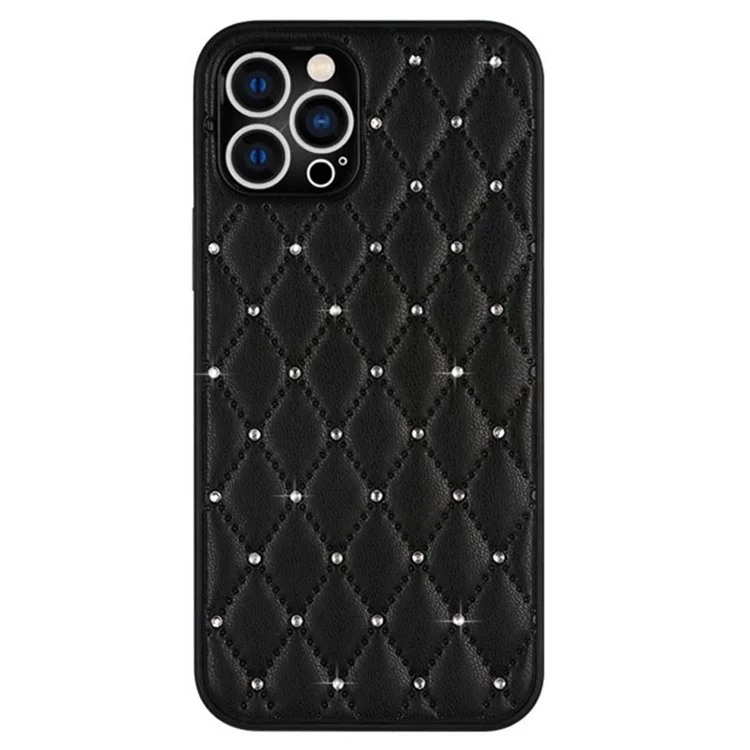 Protective Case for iPhone 12 Pro Max 6.7 inch, Rhinestone Decor Rhombus Texture PU Leather+TPU Phone Cover Drop Resistant Back Shell - Black