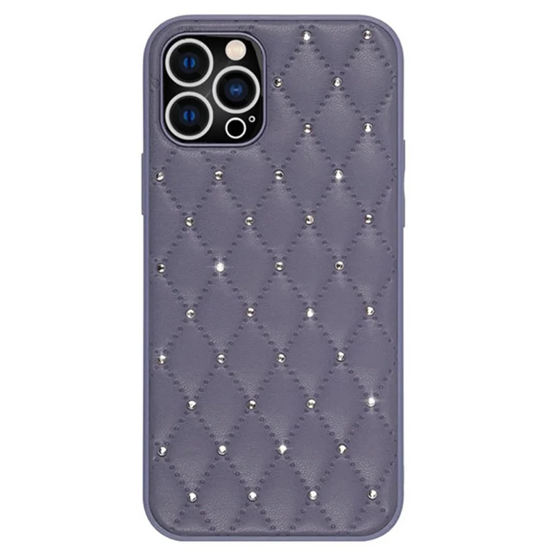 Protective Case for iPhone 13 Pro 6.1 inch, Rhinestone Decor Rhombus Texture PU Leather+TPU Phone Cover Shockproof Back Shell - Purple