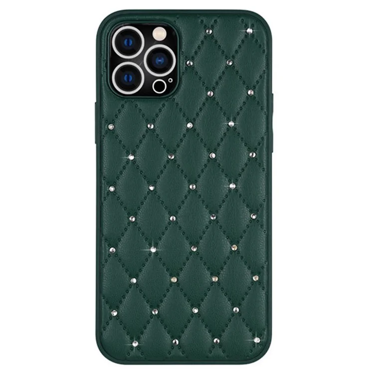 Protective Case for iPhone 13 Pro Max 6.7 inch, Anti-fall Rhinestone Decor Rhombus Texture PU Leather+TPU Phone Cover Back Shell - Green