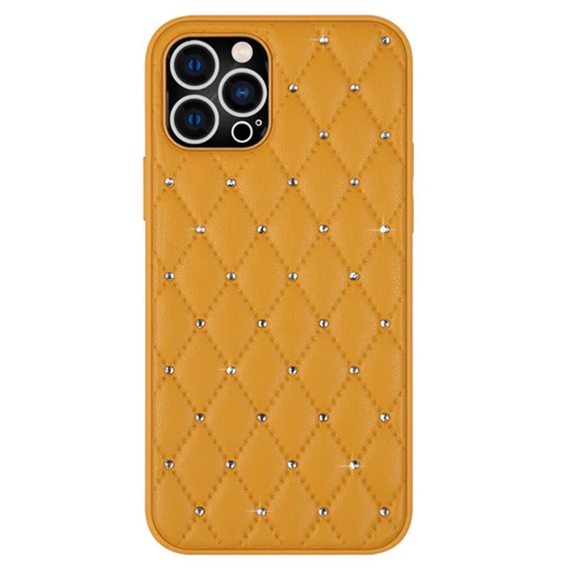 Protective Case for iPhone 12 Pro 6.1 inch, Bump Proof Rhinestone Decor Rhombus Texture PU Leather+TPU Phone Cover Back Shell - Yellow