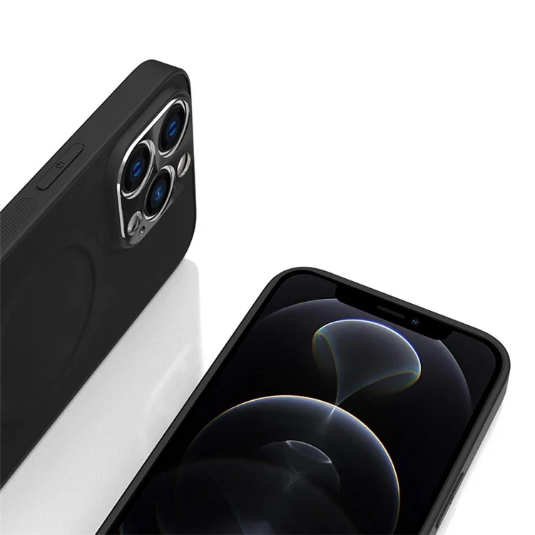 For iPhone 12 Pro Max 6.7 inch PU Leather Coated TPU Case Magnetic Cell Phone Back Cover Compatible with MagSafe - Black
