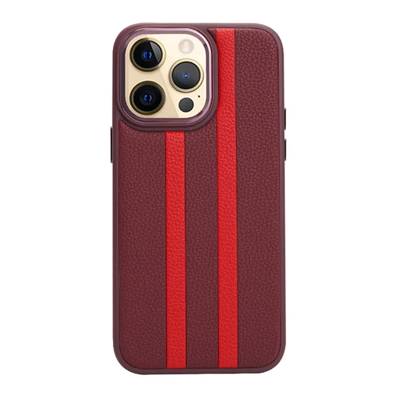 For iPhone 13 Pro Max 6.7 inch Four Corners Airbag Stripes Pattern PU Leather Coated TPU Case Back Cover with Metal Button - Dark Purple