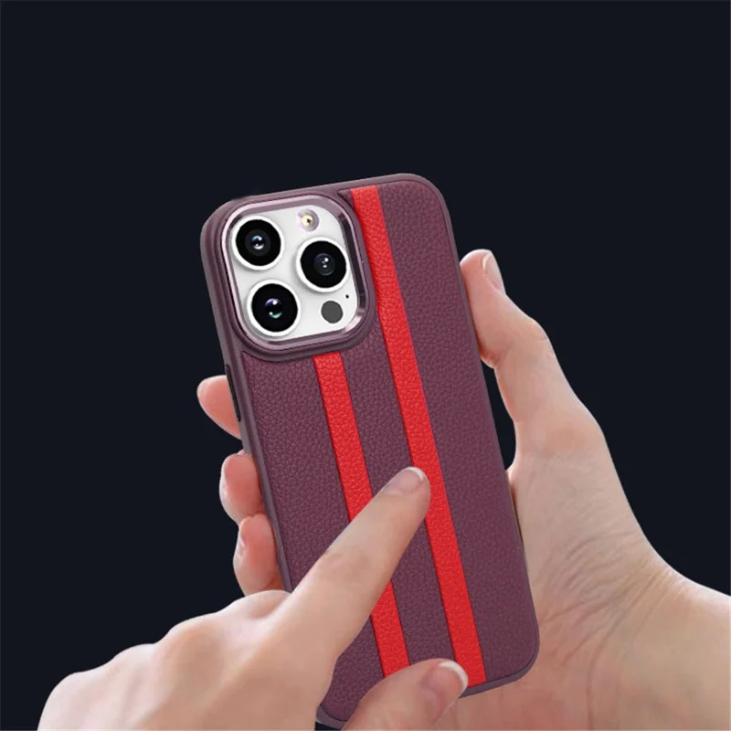 For iPhone 13 Pro Max 6.7 inch Four Corners Airbag Stripes Pattern PU Leather Coated TPU Case Back Cover with Metal Button - Dark Purple