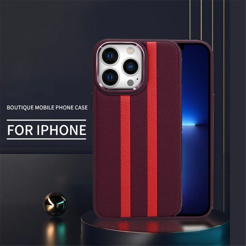 For iPhone 13 Pro Max 6.7 inch Four Corners Airbag Stripes Pattern PU Leather Coated TPU Case Back Cover with Metal Button - Dark Purple