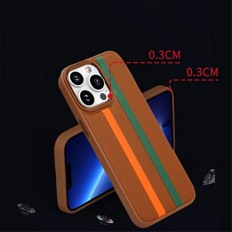For iPhone 13 Pro Max 6.7 inch Four Corners Airbag Stripes Pattern PU Leather Coated TPU Case Back Cover with Metal Button - Dark Purple