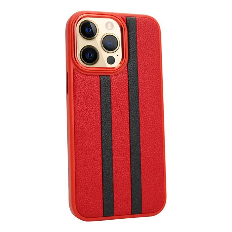 For iPhone 14 Pro Anti-drop Four Corners Airbag Stripes Pattern PU Leather Coated TPU Case Back Cover with Metal Button - Red